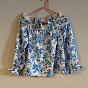 Tuckernuck Margureite Blue and White Off Shoulder floral top